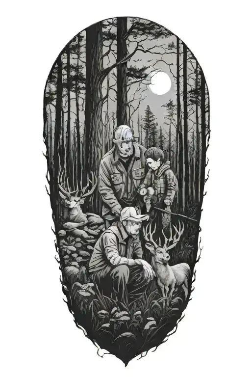 Boy And Grandpa In A Deer Stand Surounded By Woods In The Dark And Include A Ekg Heart Reading