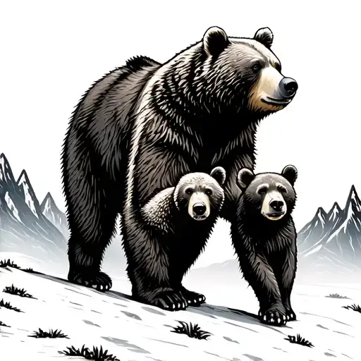 Mother Bear With Cub Walking On Mountains