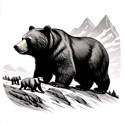 Mother Bear With Cub Walking On Mountains