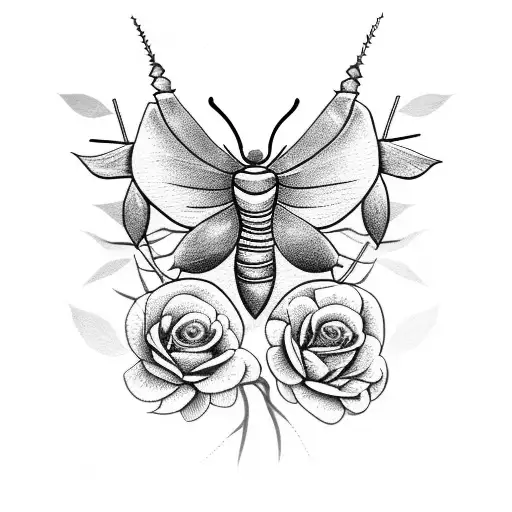 Moth With Thorns And Roses Surrounding It