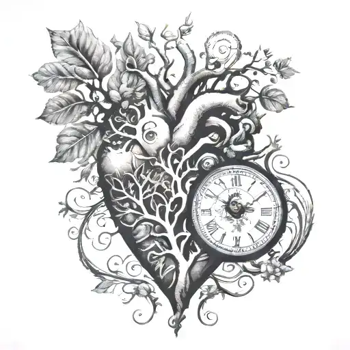 Human Heart With Tree Of Life And Clock