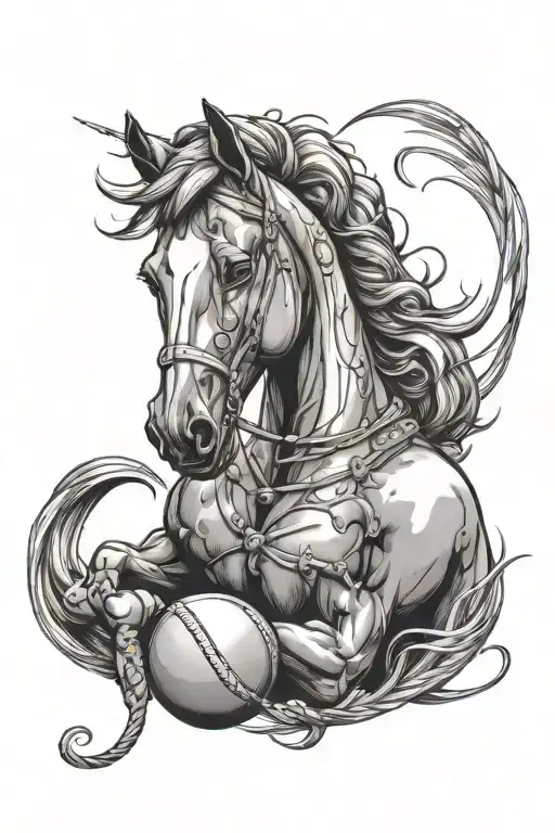 Horse With Rugby Ball And Balls Of Wool With Needles