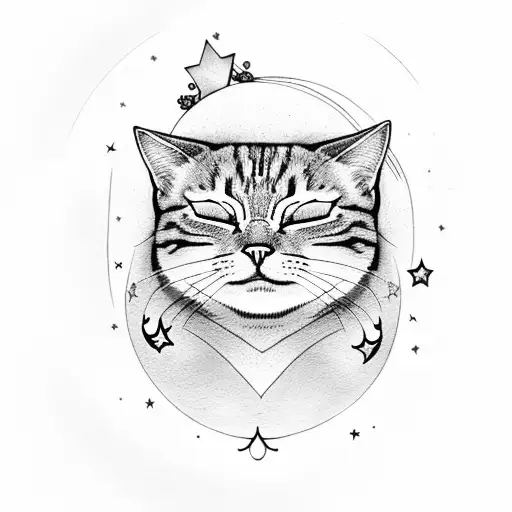 A Peaceful Sleeping Cat Surrounded By Moon And Stars