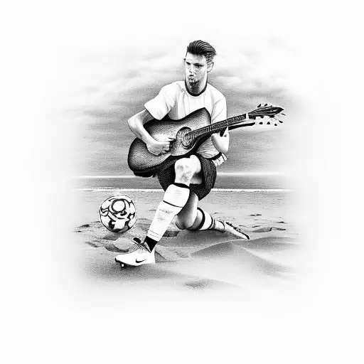 A Black And Grey Portrait Of A Footballer Playing Guitar On A Beach Tattoo