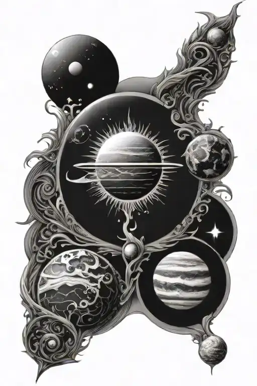 Sun Earth Moon Jupiter Spine Tattoo Design