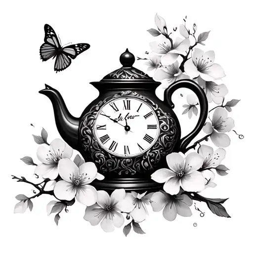 Teapot And Cherry Blossoms And Butterflies And Clock