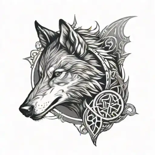 Wolf And Raven With Runes For Luck Dragon