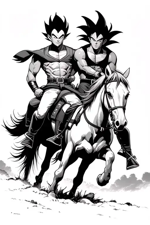 Vegeta And Goku As Lone Ranger And Tonto Riding Horses Into The Sunset