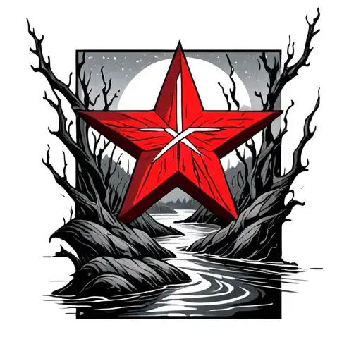 Red Star With Crossed Hanmers Inside A Stream