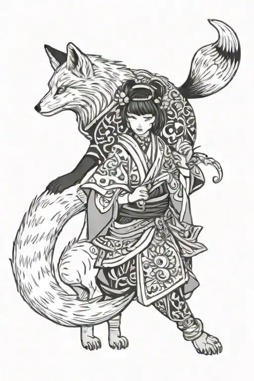 Fox Kitsune With A Girl In A Kimano Stands Near The Beautiful