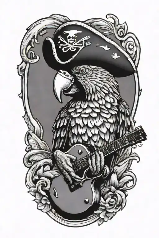 Parrot Pirate Hat Perched On A Guitar