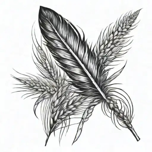 Pheasant Feather Surrounded By Wheat And Corn Stalk