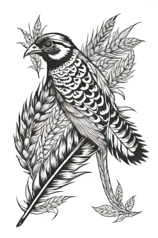 Pheasant Feather Surrounded By Wheat And Corn Stocks