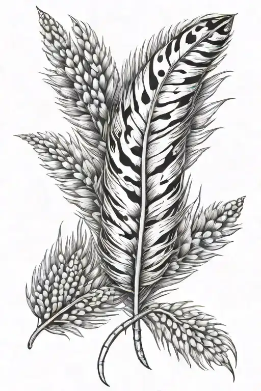 Pheasant Feather Surrounded By Wheat And Corn Stocks