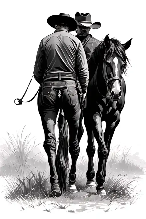 Backview Of Horse And Cowboy Walking Beside Each Other
