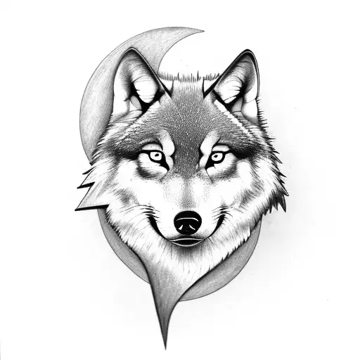A Realistic Wolf Portrait With A Crescent Moon Background