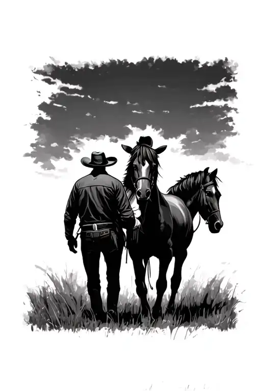 Backview Of Horse And Cowboy Walking Next To Each Other