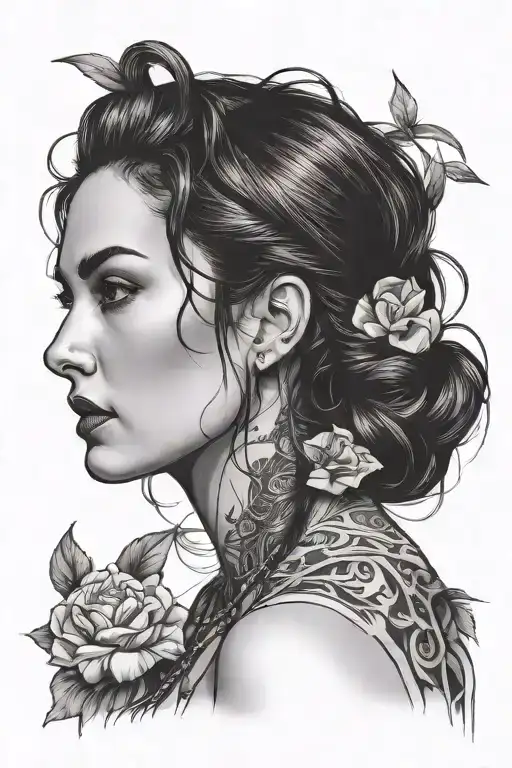 Portrait Woman Looking Sideways Black Hair