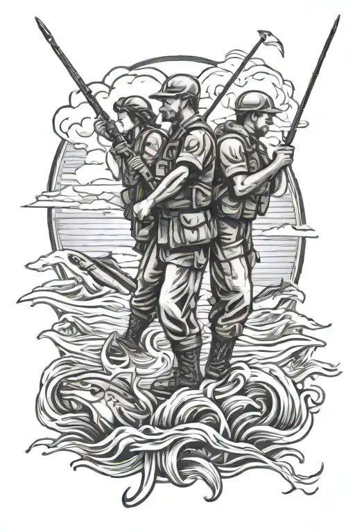 Soldiers Cross With Daddy Daughter Ocean Fishing Background