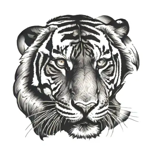 Design A Black And Grey Portrait Of A Tiger's Eye With Your Brown Eye As A Reflection