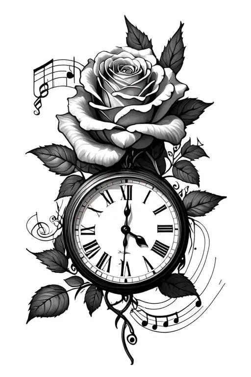 Time Surrounded By Rose Intertwined With Musical Notes