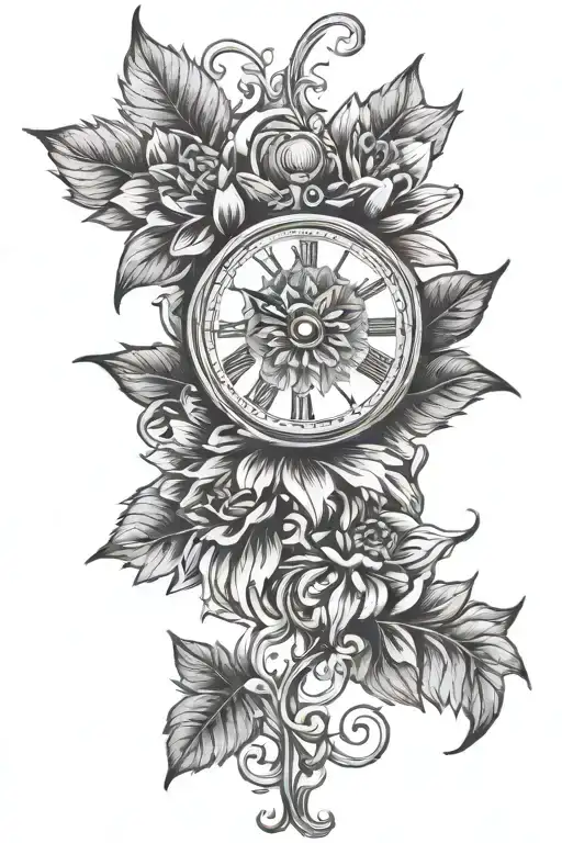 Dahlia Flower With Clock And Vines