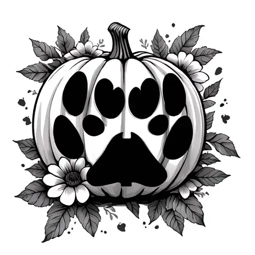 Pumpkin With Flowers And A Paw Print Surrounded No Face