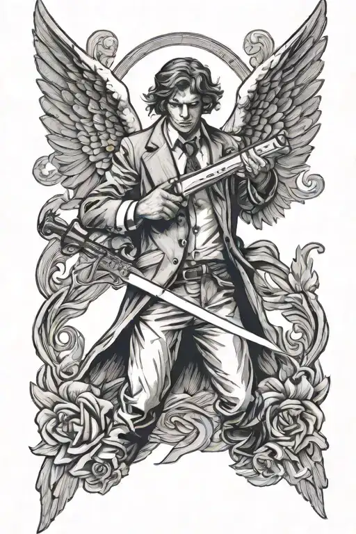 Angel With Spread Wings Wearing Suit Holding A Knife In One Hand And A Gun In The Other Hand
