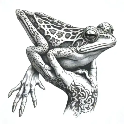 Beautiful And Dark Woman Holding A Frog In Her Open Hand And Giving It A Kiss