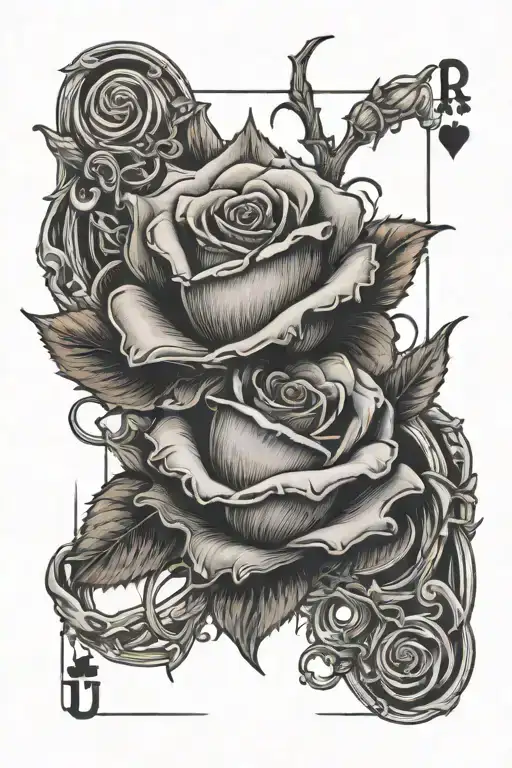 Heart Covered By A Rose With Thorns On A Playing Card