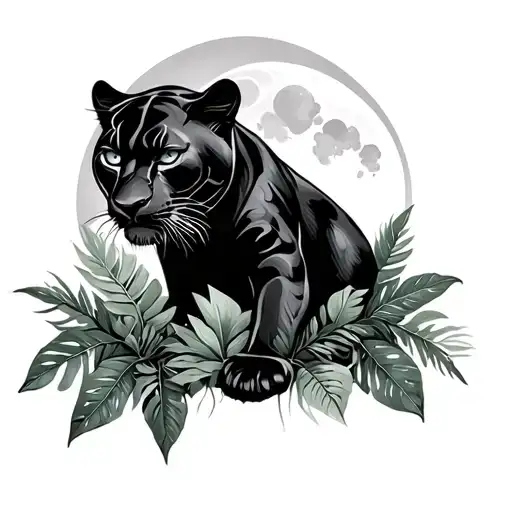 Black Panther With Moon And Jungle Leaves