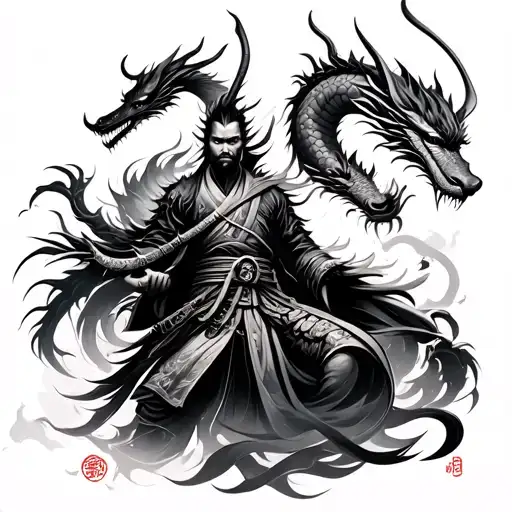 Japanese Warrior Surrounded By Dragon