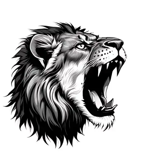 Realistic Open Mouth Lion With Fighting Eyes Looking Forward