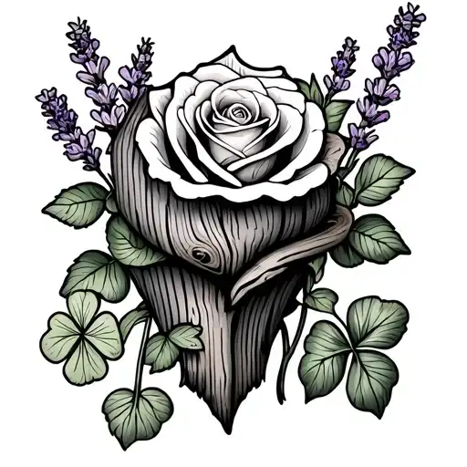 Wooden Achor With Rose And Lavender Growing Around It With A Four Leaf Clover