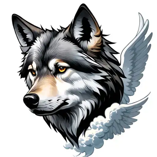 Wolf Head In The Clouds With Angel Underneath