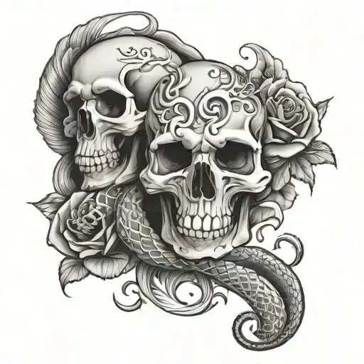 Skulls With Roses And Flames And A Snake Coiled