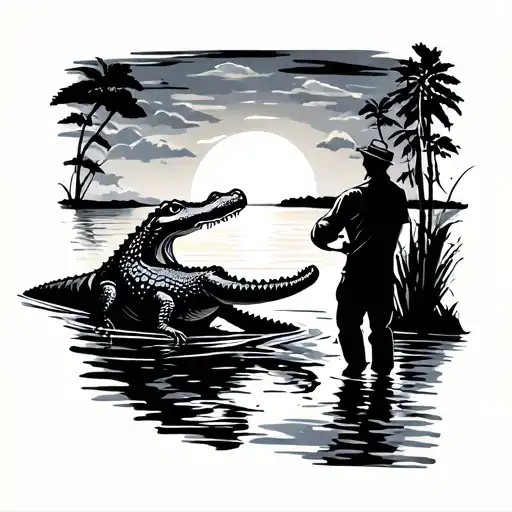 Alligator Plus Man Looking At Sunset Scene