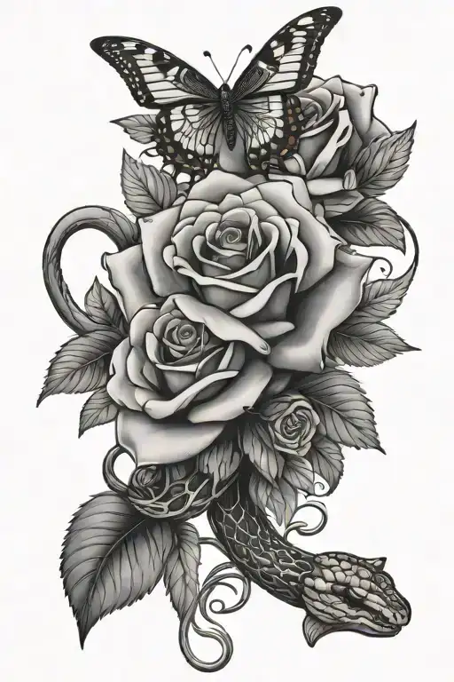 Roses And A Snake Intertwined With Butterfly Flying