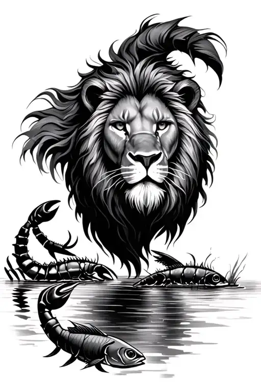 Lion With A Scorpion Next To Him And Two Fish Swimming In A Lake