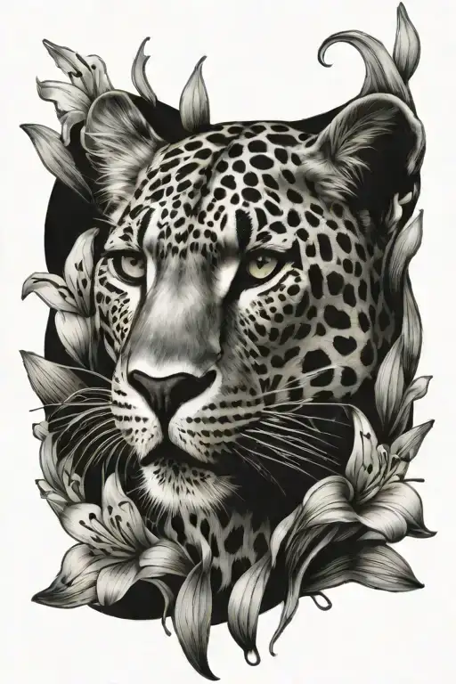 Leopard With Green Eyes And Baby Cub Surrounded By Lilium Red Lily's