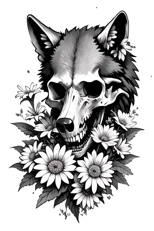 Wolf Skull Surrounded By Edelweiss And Chrysanthemums