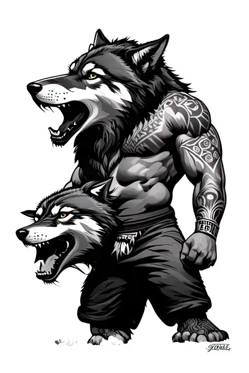 Wrestler With Samoan Patterns And A Wolf Howling