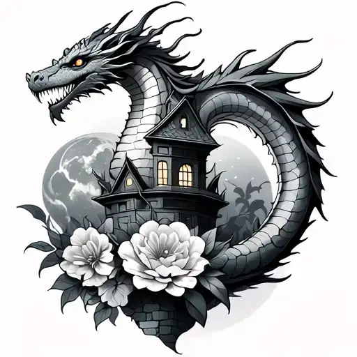Dragon On Tower With Flowers And Universs