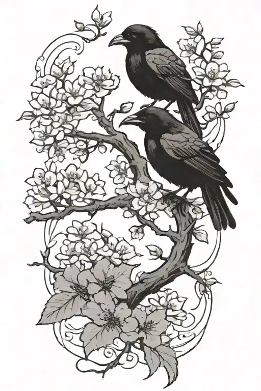 1 Black And Grey Cherry Tree Branch With Black And Grey Blossoms And 3 Small Ravens Forearm