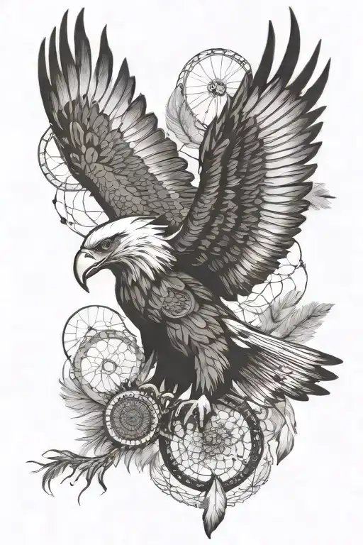 Eagle Flying With Native American Dream Catcher With Feathers
