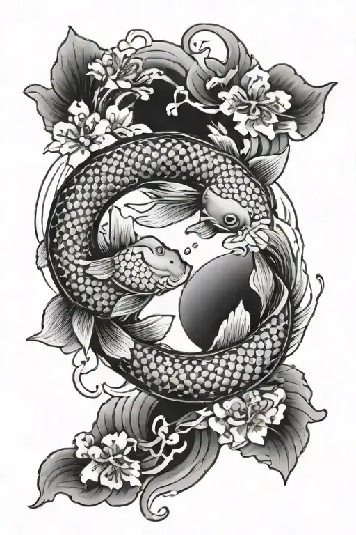 Twin Koi Fish Ying Yang Flowers Blooming Cherry Blossom