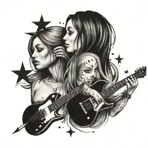 A Tattoo Of Two Female Best Friends Under A Sky Full Of Shooting Stars With Music Notes