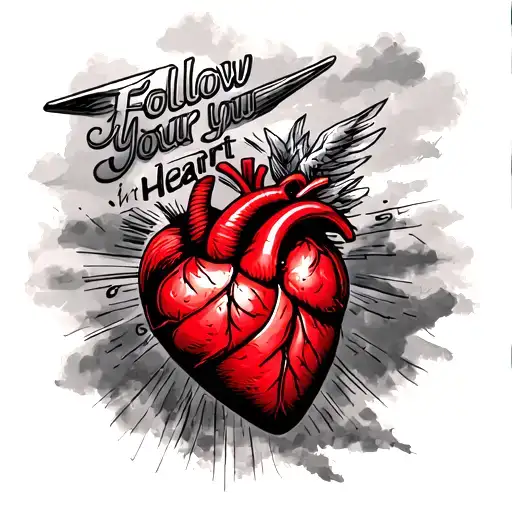 The Inscription Is A Sketch Of The Tattoo Follow Your Heart With Red And Black And An Airplane
