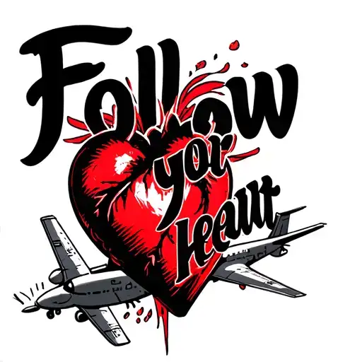 The Inscription Is A Sketch Of The Tattoo Follow Your Heart With Red And Black And An Airplane
