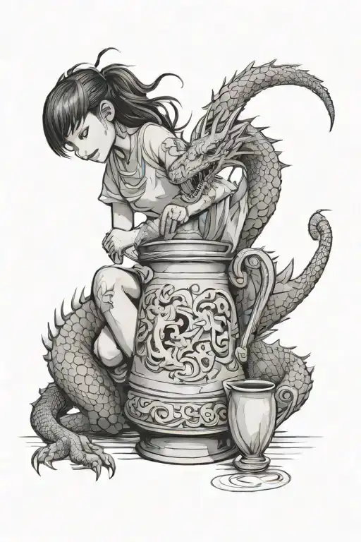 A Girl Pours Water From A Jug And A Dragon Wraps Her Tail Around Her
